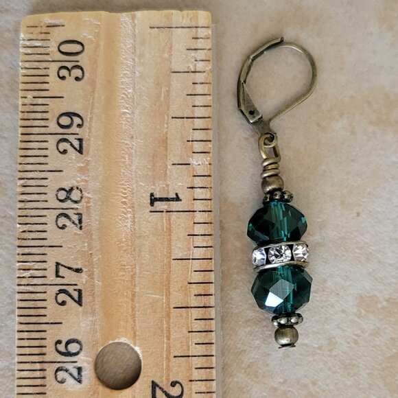 Peacock Green Crystal Clear Rhinestone Rondelle Earrings Bronze Brass Lever Back - Picture 5 of 5